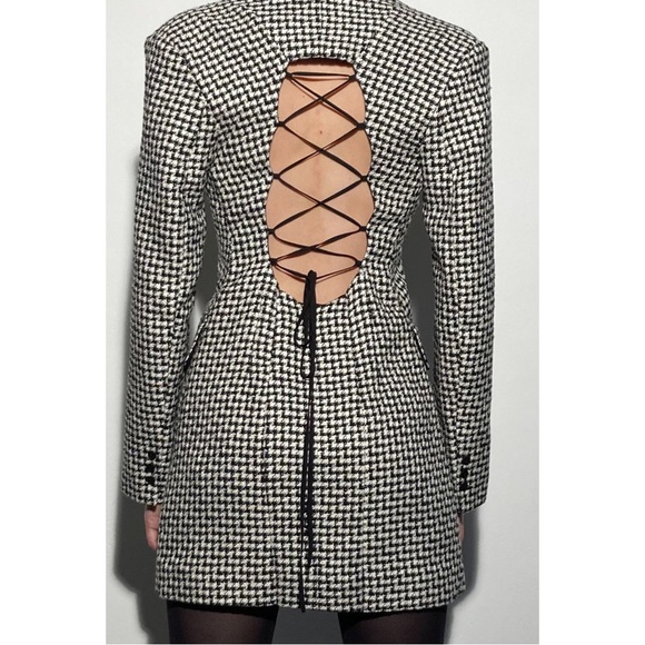 ZARA Tweed Houndstooth Lace Up Open Back Preppy Academia Blazer Mini Dress S - Picture 2 of 16